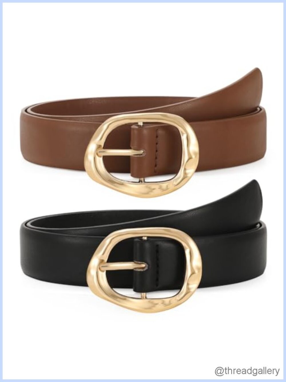 2 Pack Faux Leather Belts for Women Liquid Gold Buckle Waist Belt